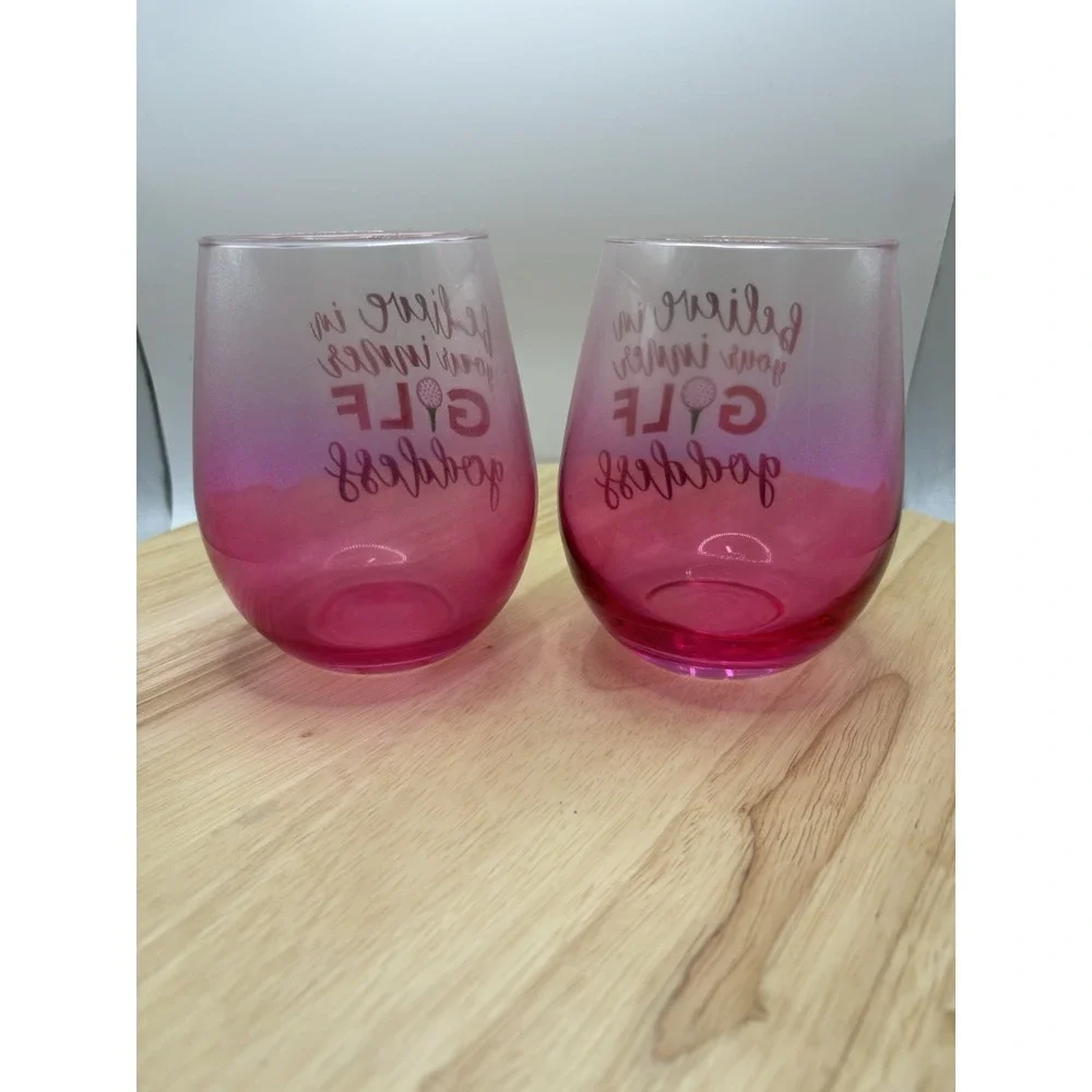 Set 2 Pink Ombre Stemless Wine Glasses Gold Believe in Your Inner Golf Goddess